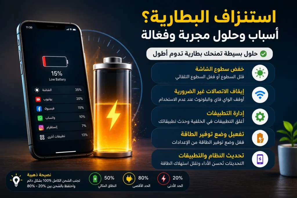 حلول فعالة ومجربة لتقليل استنزاف البطارية بسرعة
